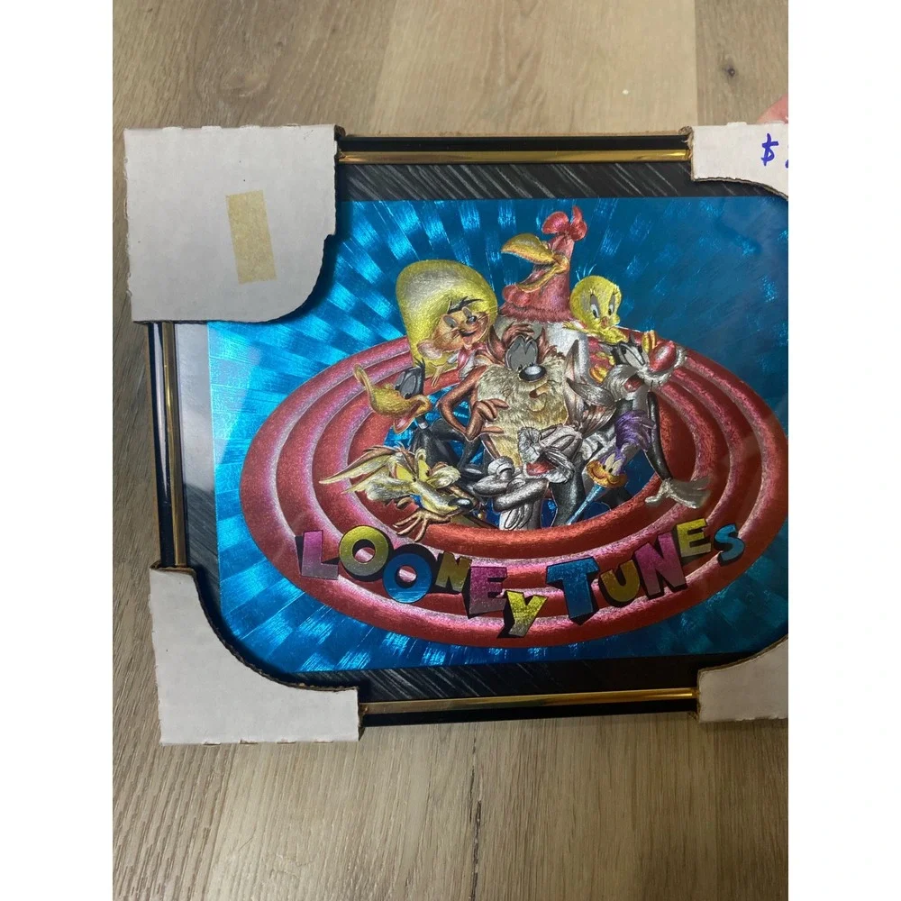 Vintage 90s Looney Tunes Framed Holographic Wall Art Warner Bros Characters